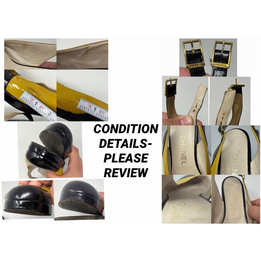 Chanel Vintage Slingback Heels Yellow Black Cap Toe Patent Leather EU 40 Italy - Picture 2 of 16